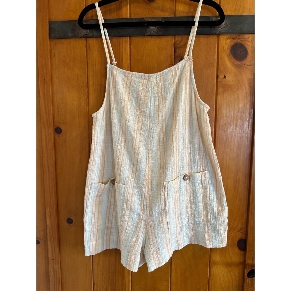 Rip Curl Striped Gauze Romper Orange Cream Adjustable Straps Womens Small